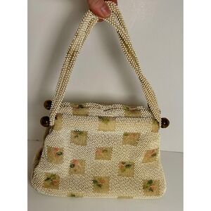 Vintage Lumured Corde Bead Handbag Cream Floral Petit Finial 1950s Cottagecore